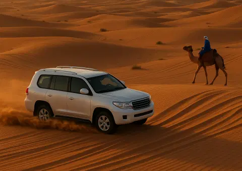 Morning Red Dune Desert Safari Dubai with Camel Ride & Sandboarding - Premium vacation packages from Oberon Tours